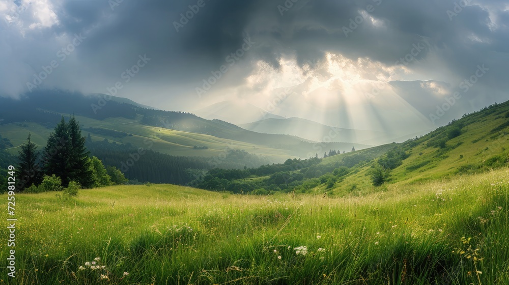 Obraz premium Rain and sun through the clouds over the green summer Carpathian foggy mountain hills. Rainy evening panorama.