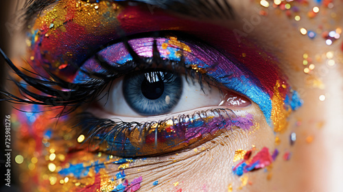 Close up of a person's eye with colorful makeup.