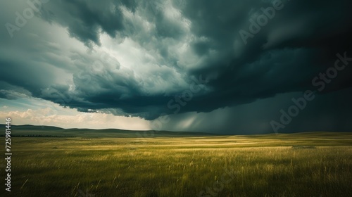 Rainfall in the distance on the prairies under ominous storm clouds photo