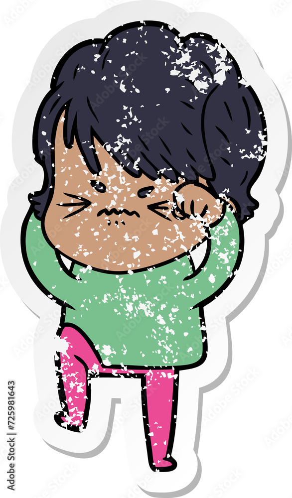 distressed sticker of a cartoon frustrated woman distressed sticker of a cartoon frustrated woman
