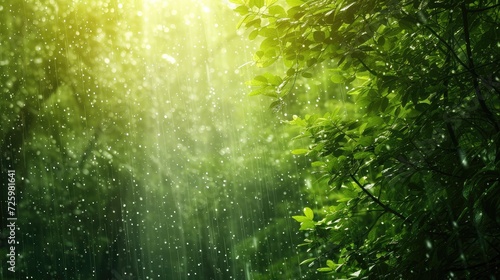 Summer rain in lush green forest, with heavy rainfall background. Rain in the forest with sun casting warm rays between the trees. Abstract natural backgrounds for your design © buraratn