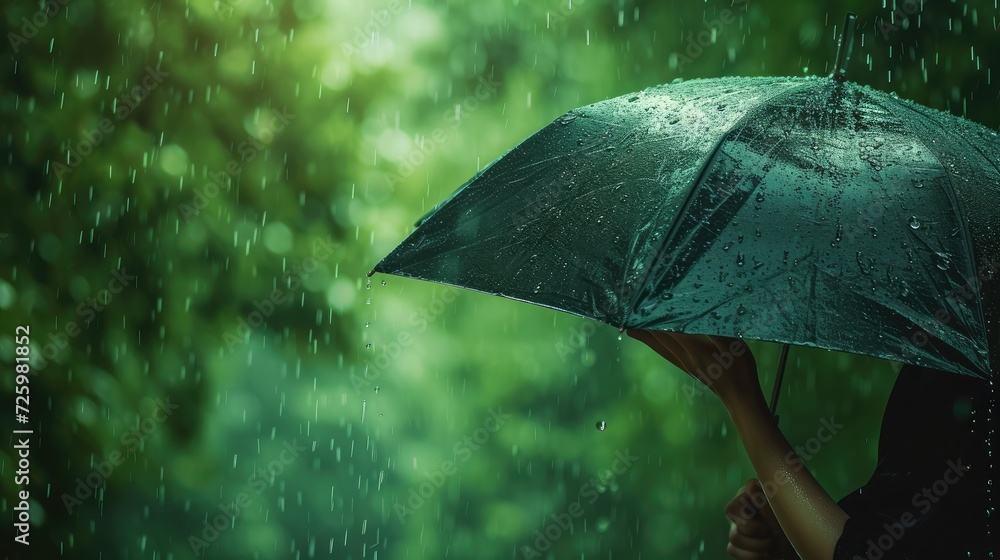 Woman hand with umbrella in the rain in green nature background