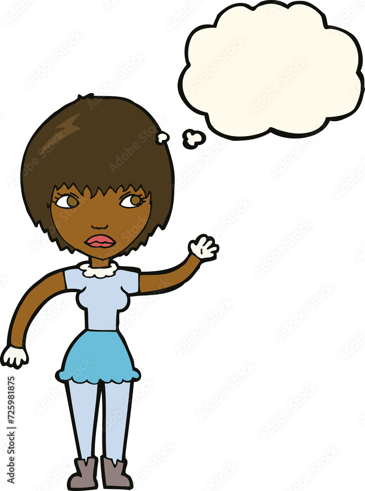 cartoon waving woman with thought bubble