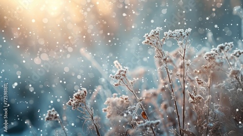 Winter atmospheric landscape with frost-covered dry plants during snowfall. Winter Christmas backgroun