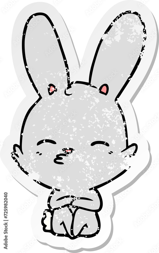 distressed sticker of a curious bunny cartoon distressed sticker of a curious bunny cartoon