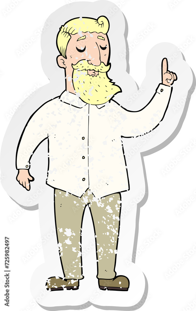 retro distressed sticker of a cartoon bearded man with idea retro distressed sticker of a cartoon bearded man with idea
