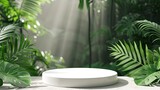 placement of a white round podium template on a background of green forest leaves. Constant lighting adds depth and highlights the organic cosmetic product.