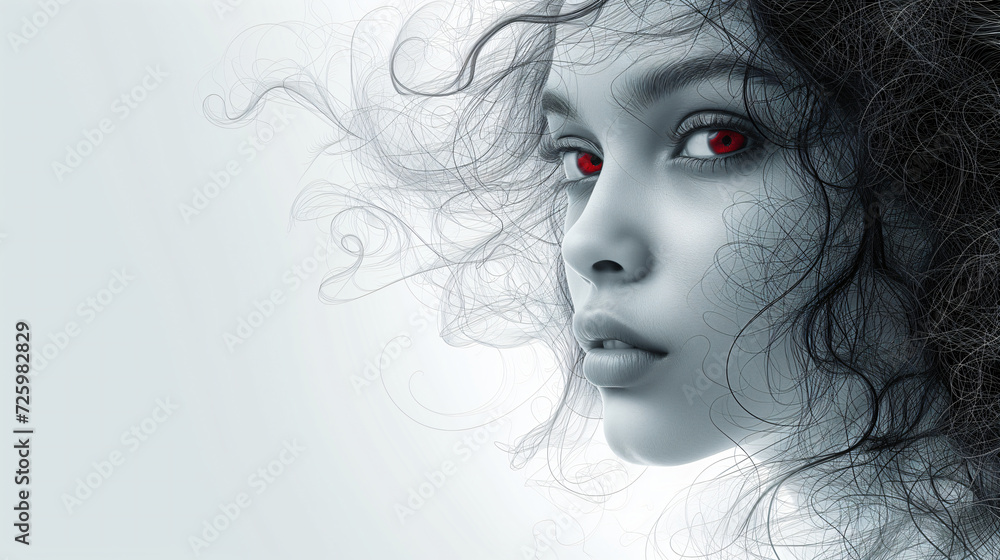 A mesmerizing close-up image of a woman's face on a white background, decorated with abstract patterns. Surreal artwork. Intricate details and soft lighting. A magical and fabulous atmosphere. A mesmerizing close-up image of a woman's face on a white background, decorated with abstract patterns. Surreal artwork. Intricate details and soft lighting. A magical and fabulous atmosphere.