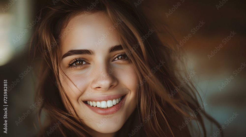 Fototapeta premium portrait of young attractive lady with brunette hair, generative ai