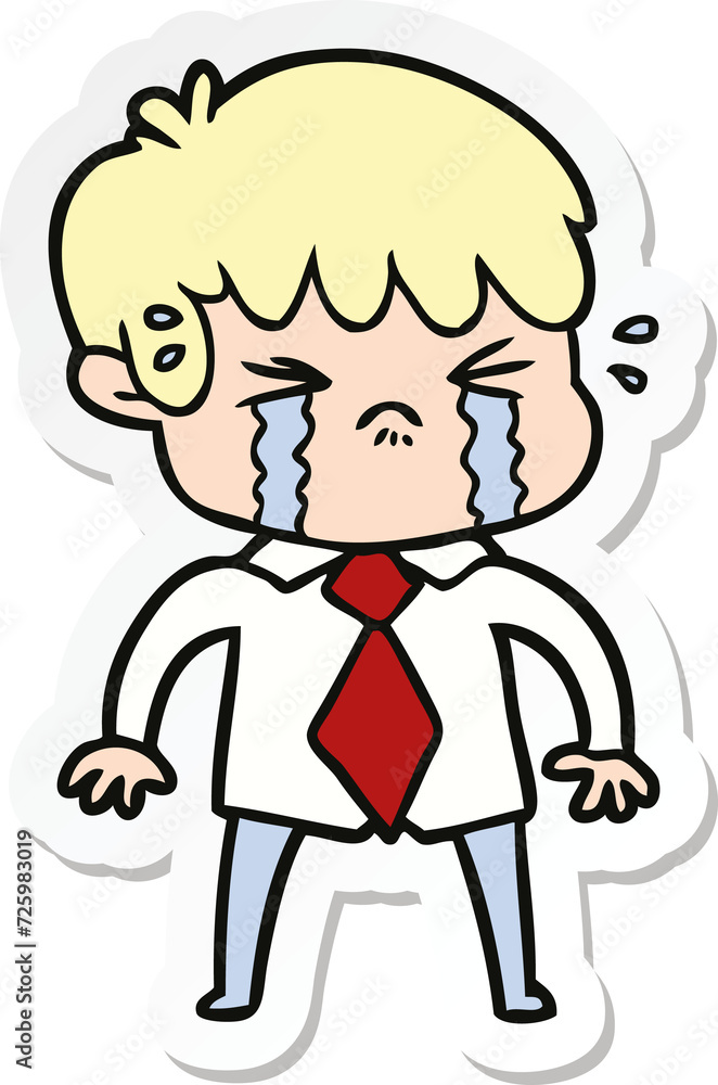 sticker of a cartoon boy crying