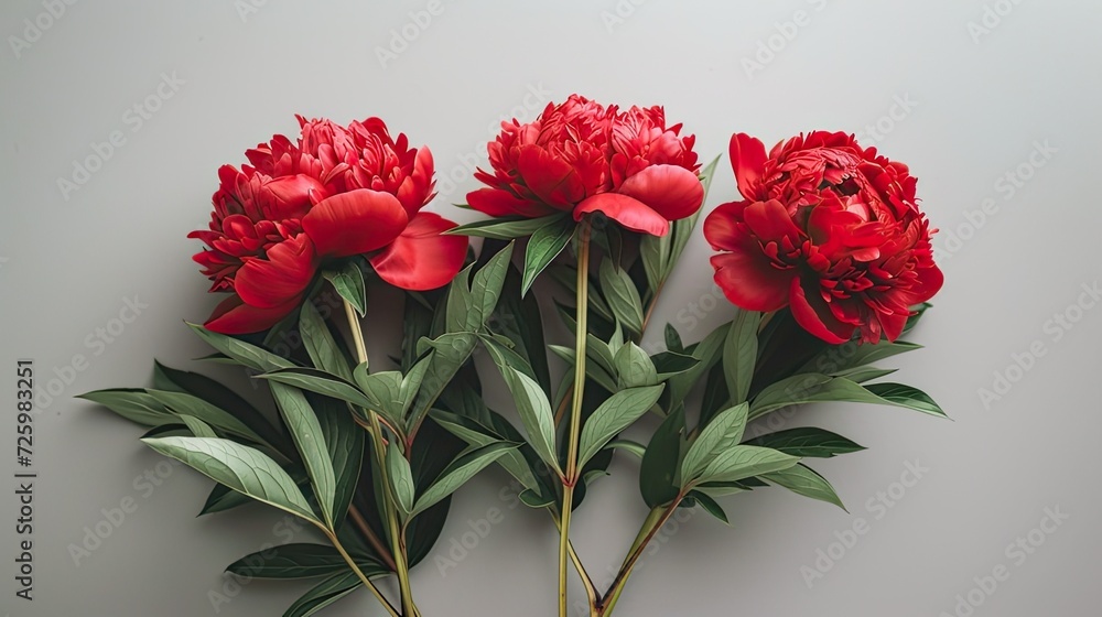 the brightness of red peonies and green leaves. Placed close to the light source to highlight natural colors and details
