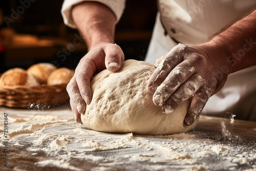 Artisan Baker Kneading Dough on Wooden Surface in Bakery. Generative AI.
