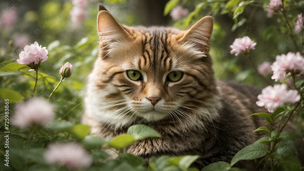 Close up portrait of a cat among flowers
