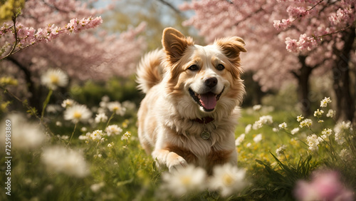 Happy dog jumping on a flower meadow