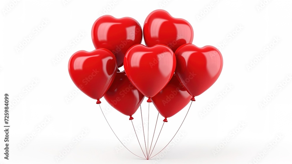 Group or Bunch of red color heart shaped balloons isolated on white background. Set of Air Balloons. Love. Holiday celebration. Valentine's Day party decoration. AI