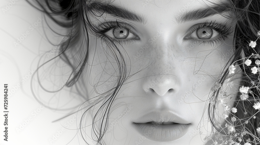A mesmerizing close-up image of a woman's face on a white background, decorated with abstract patterns. Surreal artwork. Intricate details and soft lighting. A magical and fabulous atmosphere. A mesmerizing close-up image of a woman's face on a white background, decorated with abstract patterns. Surreal artwork. Intricate details and soft lighting. A magical and fabulous atmosphere.