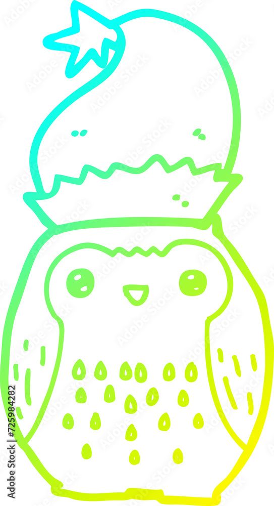 Naklejka premium cold gradient line drawing cute cartoon owl wearing christmas hat