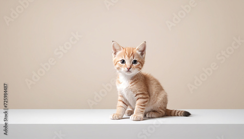 litte cute ginger colored kitten sit in front of a beige wall with text space