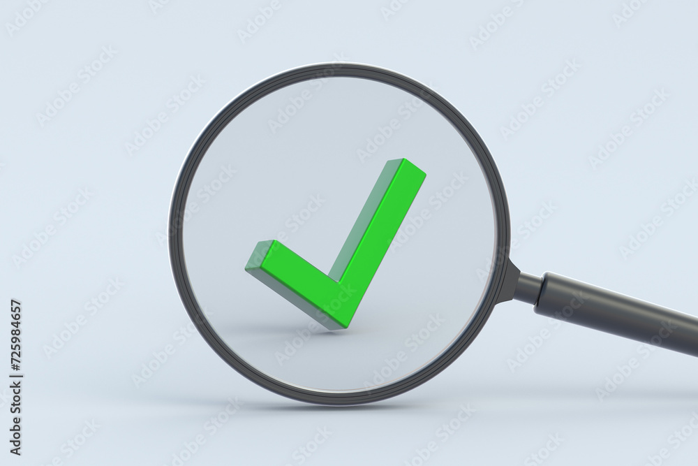 Check mark behind magnifying glass. 3d render Check mark behind magnifying glass. 3d render