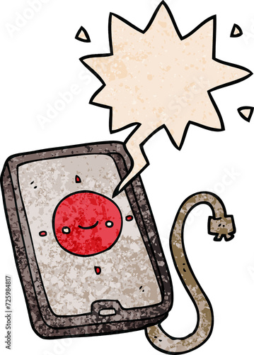cartoon mobile phone device and speech bubble in retro texture style