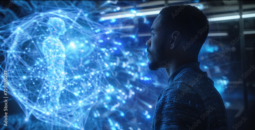 Man looks at artificial intelligence control panel in dark room ...