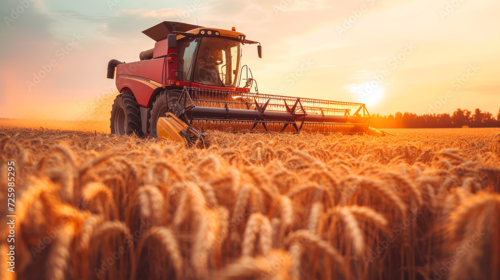 Fototapeta premium Combine harvester harvests wheat at sunset, machine cutting rape grain on farm. View of tractor working in field, sun and sky. Concept of farmer, agriculture, industry
