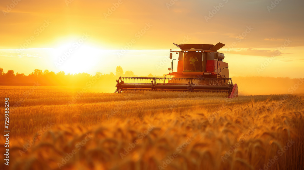 Fototapeta premium Combine harvester harvests wheat at sunset, tractor cutting rape grain on farm. View of machine working in field, sun and sky. Concept of farmer, agriculture, landscape