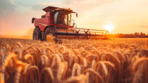 Combine harvester harvests wheat at sunset  machine cutting rape grain on farm. View of tractor working in field  sun and sky. Concept of farmer  agriculture  industry