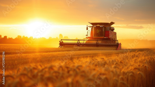 Combine harvester harvests wheat at sunset, tractor cutting rape grain on farm. View of machine working in field, sun and sky. Concept of farmer, agriculture, landscape