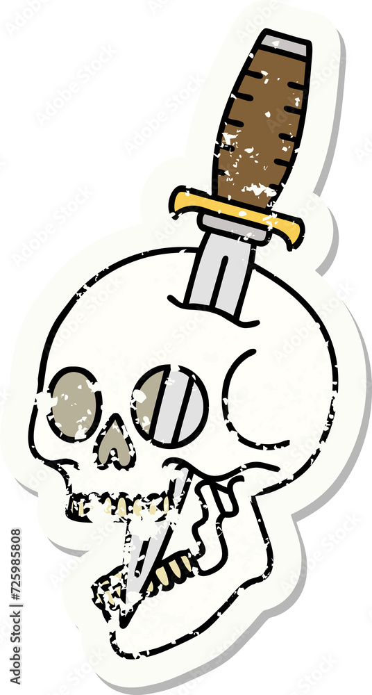 traditional distressed sticker tattoo of a skull and dagger traditional distressed sticker tattoo of a skull and dagger