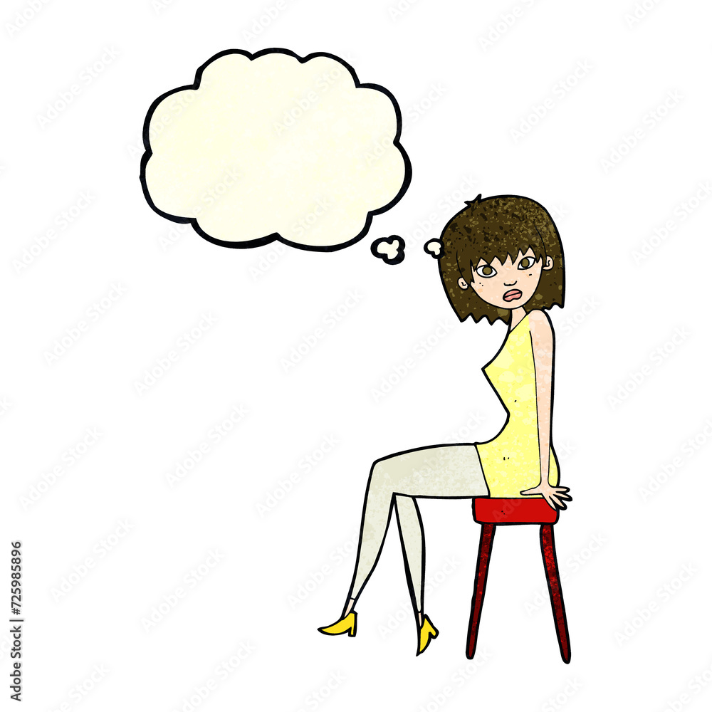 cartoon woman sitting on stool with thought bubble cartoon woman sitting on stool with thought bubble