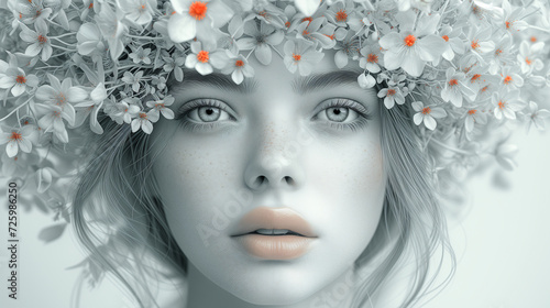 A mesmerizing close-up image of a woman's face on a white background, decorated with abstract patterns. Surreal artwork. Intricate details and soft lighting. A magical and fabulous atmosphere.