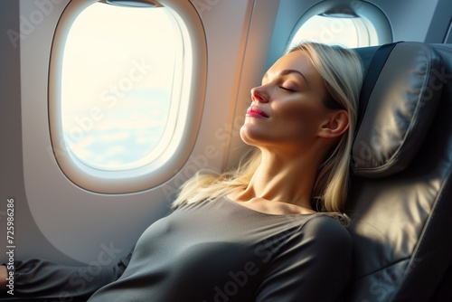 Elegant female passenger resting during flight in airplane seat. Generative AI. © RicardoLuiz