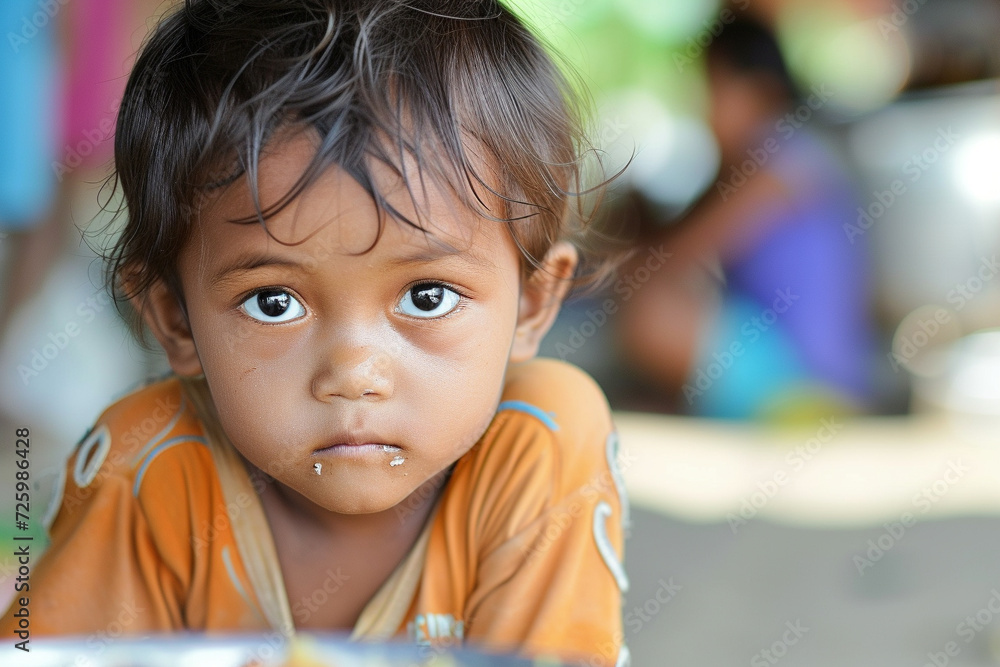 Close-up of a young child with thoughtful expression eating. Generative AI. Close-up of a young child with thoughtful expression eating. Generative AI.