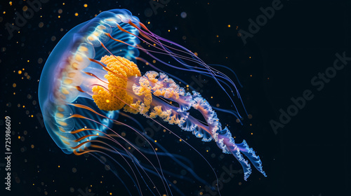 A mesmerizing and vibrant photograph capturing the breathtaking beauty of a jellyfish in the deep ocean. Isolated on a black background, its vivid colors and graceful form create a captivati