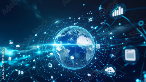 A digital globe surrounded by icons of cloud services and applications, symbolizing global cloud solutions, DevOps, Cloud Technologies, dynamic and dramatic compositions, with copy space