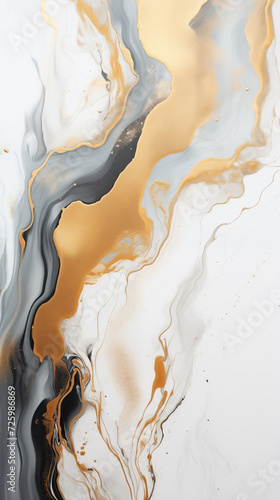 A HD close up of a minimalist marble painting. The painting is kept in black, white, grey and golden colors.