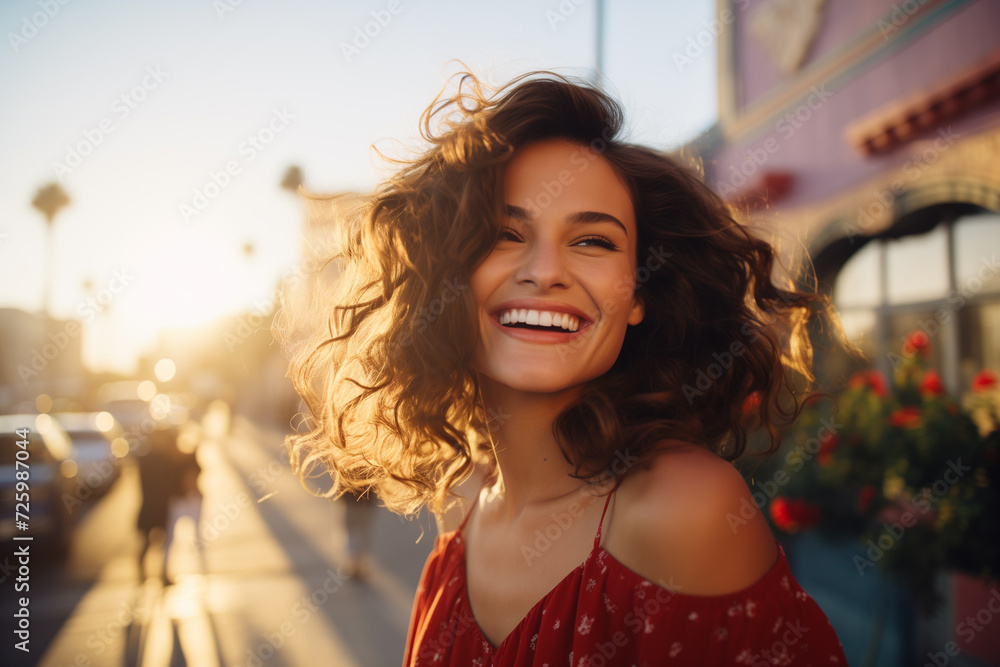 Happy Young Woman Walking on the Street of Los Angeles During Sunset