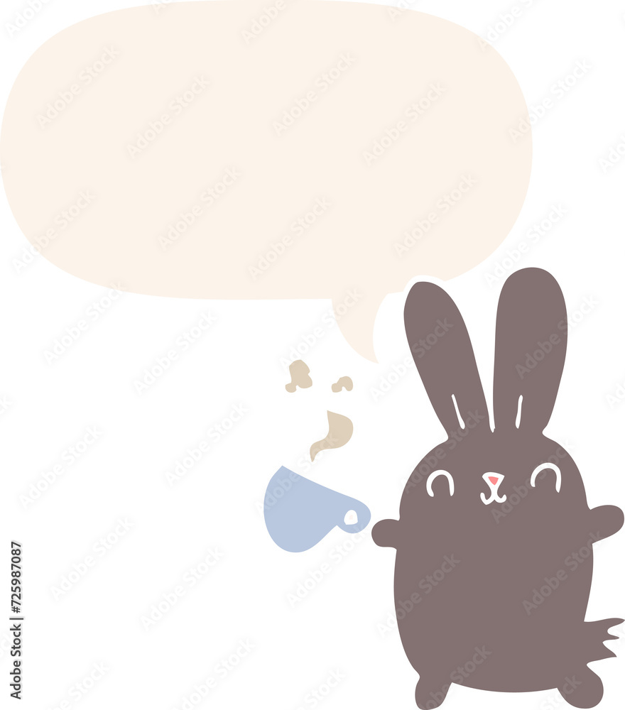 cute cartoon rabbit and coffee cup and speech bubble in retro style cute cartoon rabbit and coffee cup and speech bubble in retro style