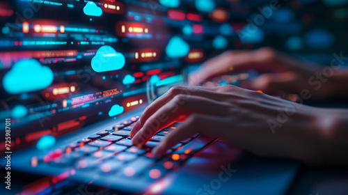 The hands of a developer typing on a glowing keyboard with cloud computing icons and scripts reflected on the screen, DevOps, Cloud Technologies, dynamic and dramatic compositions, with copy space photo