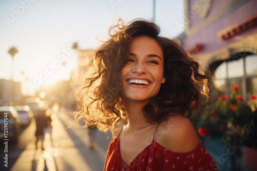Happy Young Woman Walking on the Street of Los Angeles During Sunset