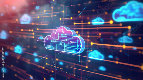 A stylized cloud computing environment with floating application icons and services interconnected by digital beams, DevOps, Cloud Technologies, dynamic and dramatic compositions, with copy space photo