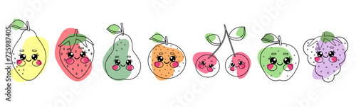 Summer seasonal outline cute kawaii fruit set. Doodle sketch bright fruits for kids. Collection organic fresh vector food. Eco healthy ingredient for baby poster, banner, children packaging, coupon