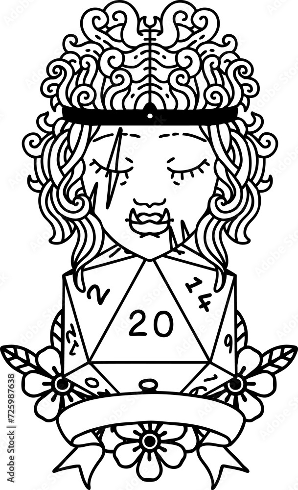 half orc barbarian character with natural 20 dice roll illustration