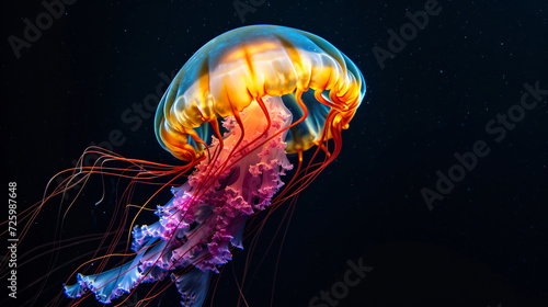 A magnificent jellyfish floats gracefully in the deep, dark depths of the ocean, showcasing vibrant colors against a captivating black background. Its ethereal presence creates a mesmerizing