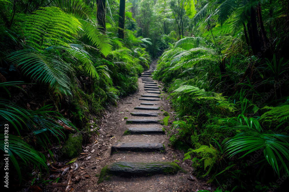 Old stone stairs ascending through a dense fern forest, inviting exploration Old stone stairs ascending through a dense fern forest, inviting exploration