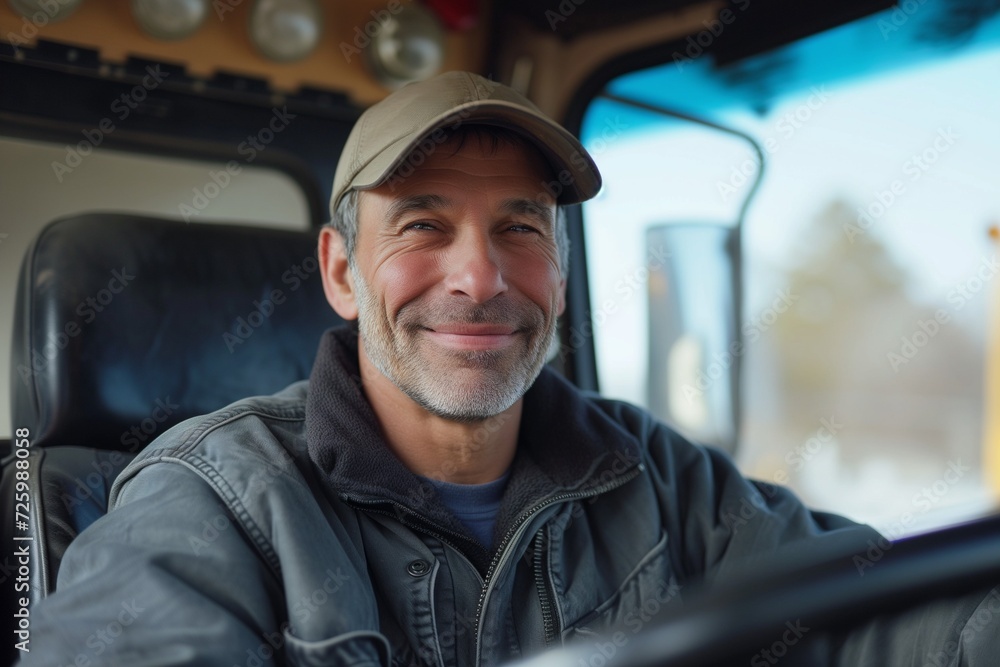 smiling happy professional truck driver looking into the camera smiling happy professional truck driver looking into the camera