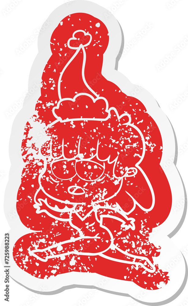 cartoon distressed sticker of a tired woman wearing santa hat cartoon distressed sticker of a tired woman wearing santa hat