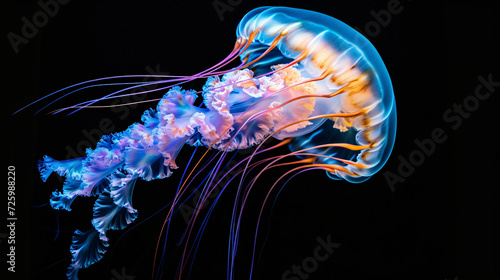 A mesmerizing, vibrant jellyfish gracefully glides through the deep ocean, its translucent tentacles illuminated by an ethereal glow against a stark black background. This captivating image