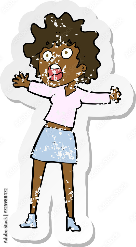 retro distressed sticker of a cartoon frightened woman retro distressed sticker of a cartoon frightened woman